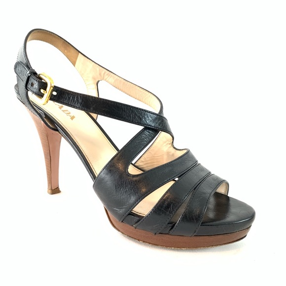 Prada black leather strappy sandals heels 39.5 - Picture 1 of 13